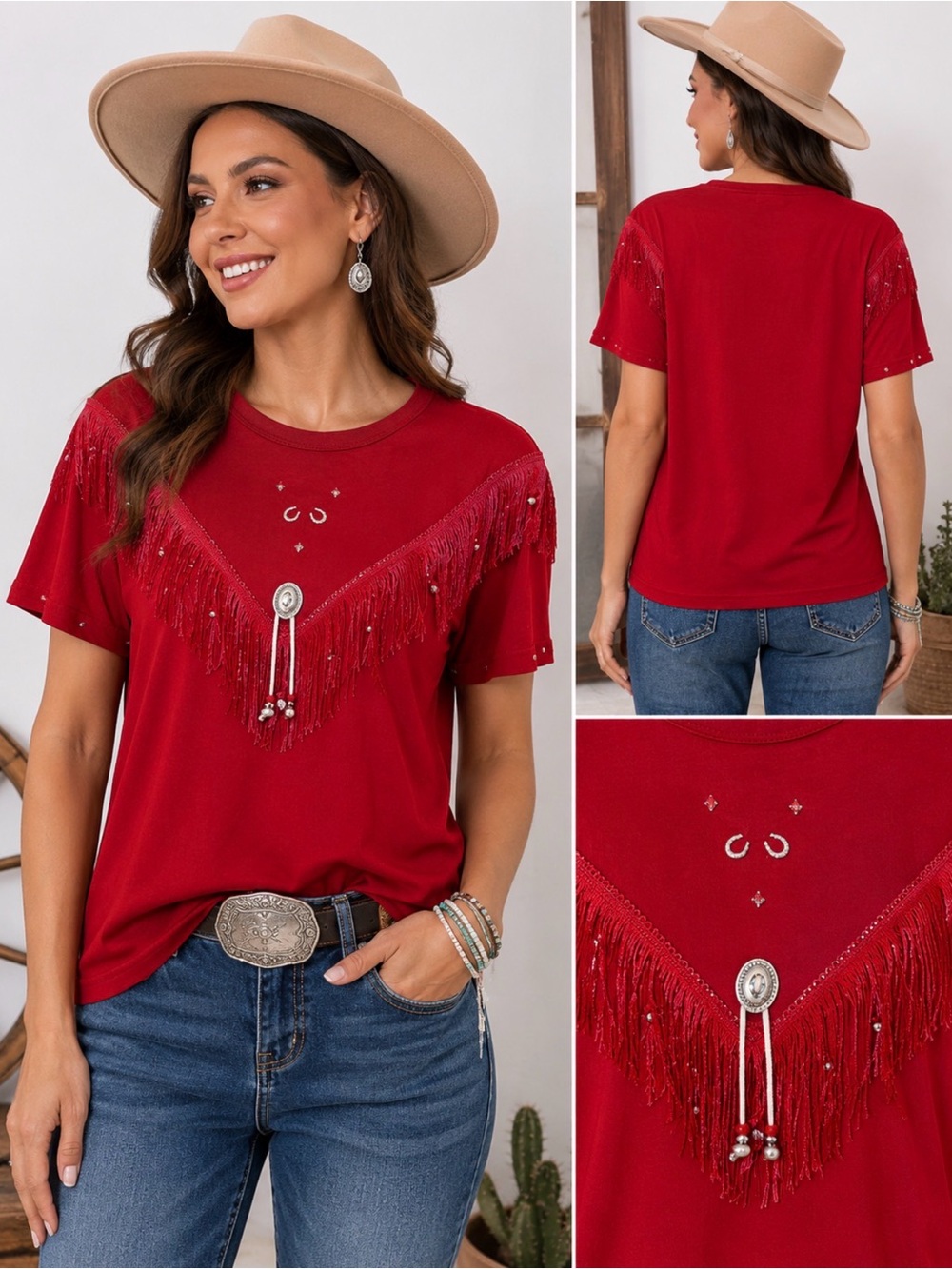 Hazelwood Home Western Fringe Rhinestone Tee Red Size L NWT